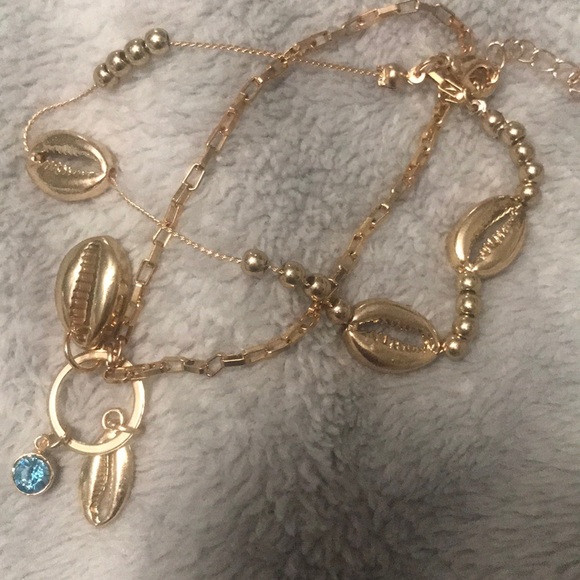 Boho shell gold tone anklet set blue crystal - Picture 3 of 3